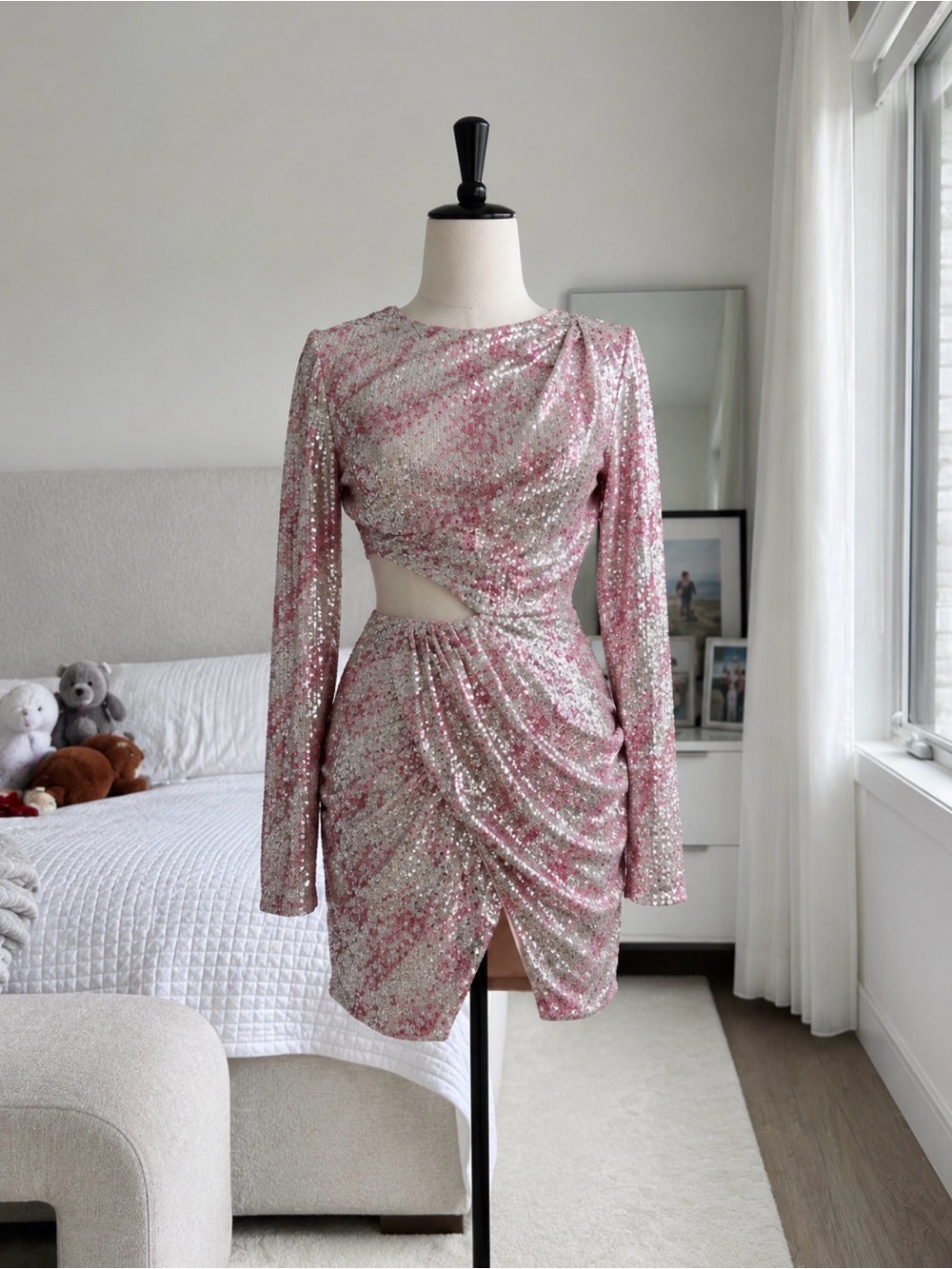 SAYLOR Pink & Silver Sequin Draped Cutout Long Sleeve Mini Dress